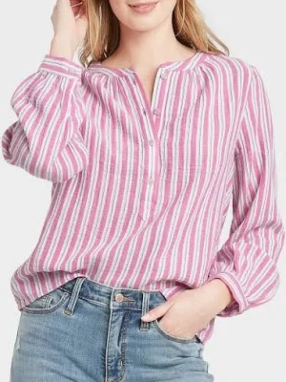 Universal Thread Pink, White and Gray Vertical Striped Half Placket Top, Size XL
